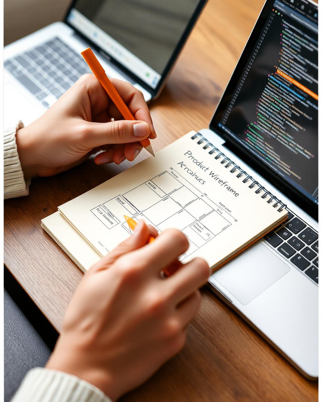 Designer sketching product wireframes beside engineering laptop