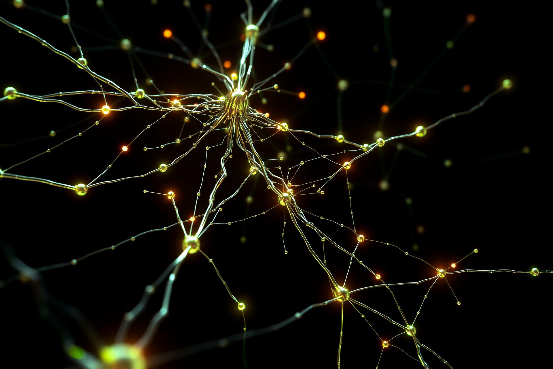 Neural network of glowing chrome filaments representing AI engineering
